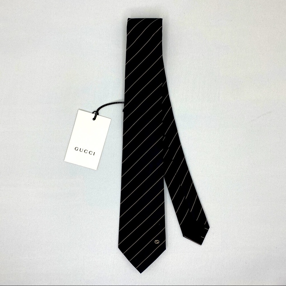 NWT Gucci Interlocking GG Tie Black & Gold Striped